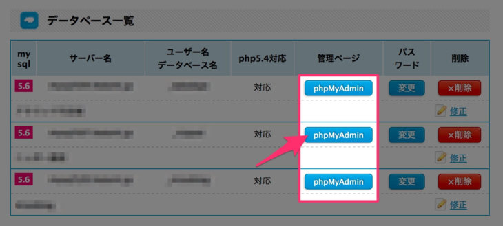 phpMyAdminをクリック