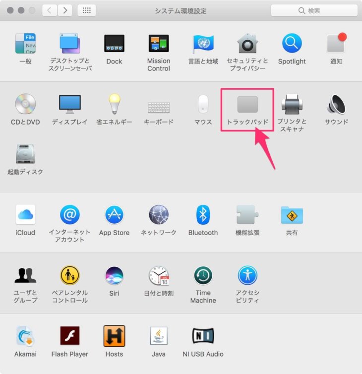システム環境設定で「トラックパッド」を選択